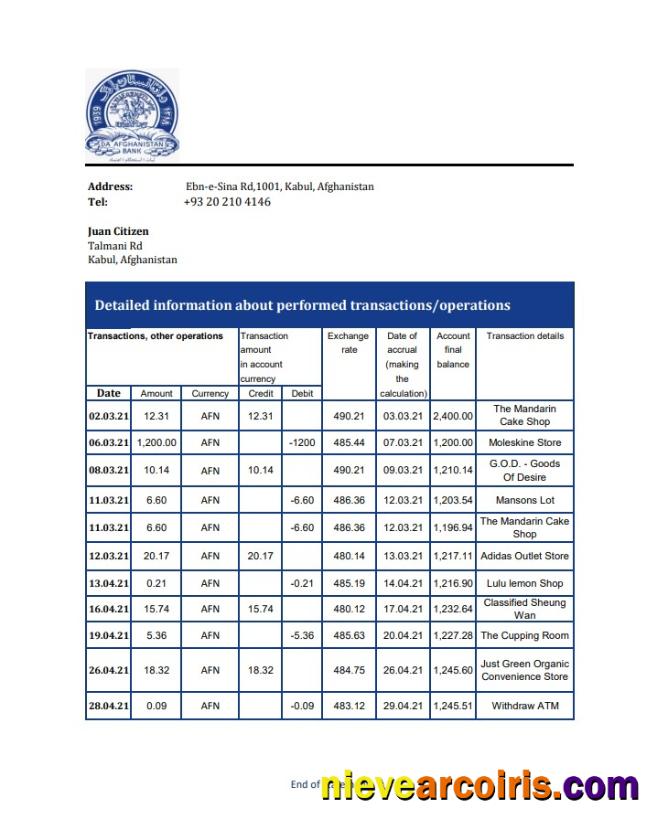 Afghanistan Da Afghanistan bank statement in Excel an PDF format